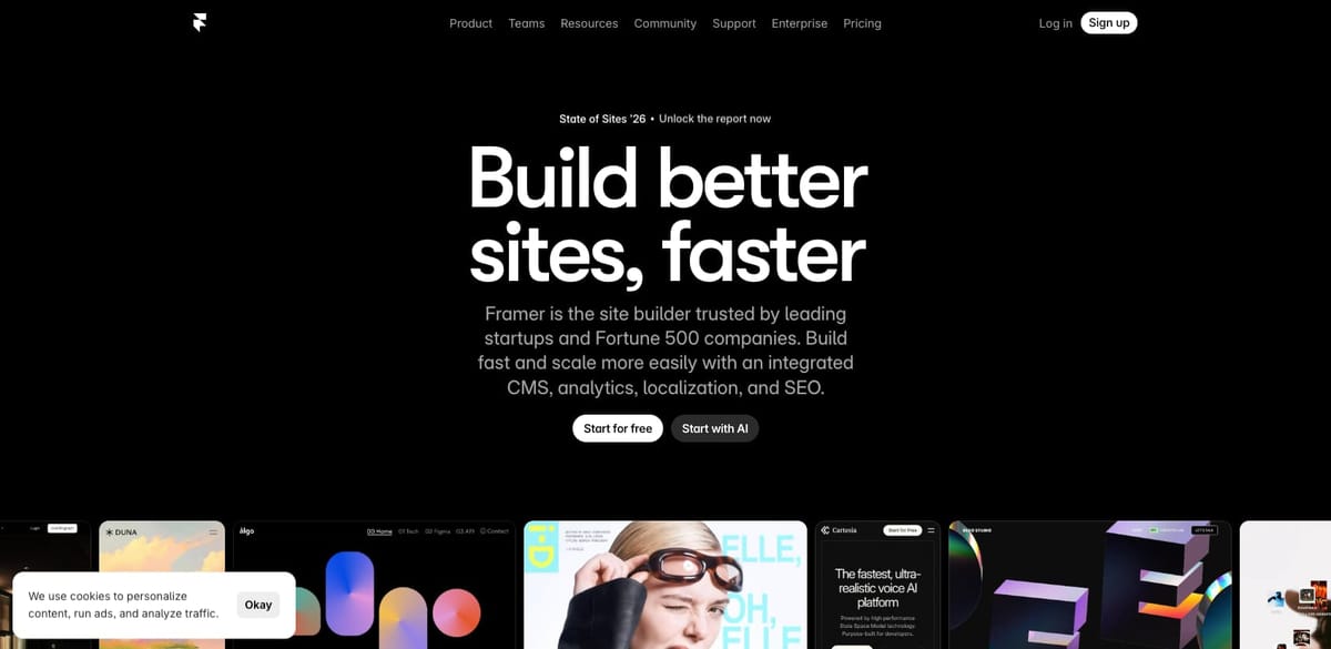 Framerの公式サイトのトップ画面。「Build better sites, faster」の見出しと、Framerで作られたサイトの例が並ぶ